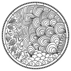 Zendala. Zentangle. Hand drawn circle mandala with abstract patterns on isolation background. Design for spiritual relaxation for adults. Line art creation. Black and white illustration for coloring.