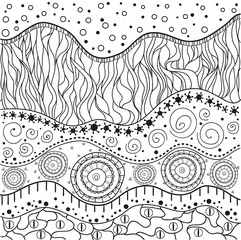 Abstract eastern pattern. Hand drawn texture with abstract patterns on isolation background. Design for spiritual relaxation for adults. Line art creation. Black and white illustration for coloring.