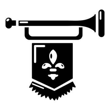 Ancient trumpet with flag icon, simple style