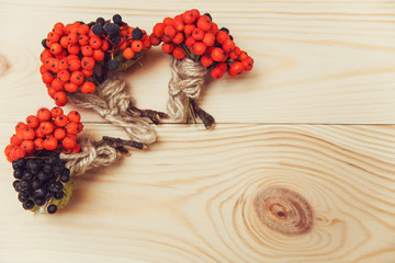 Autumnal composition from chestnuts and rowanberrieswooden background.fall concept.top view