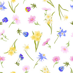 Colored floral seamless pattern with flowers in botanical style on a white background. Stock line vector illustration.