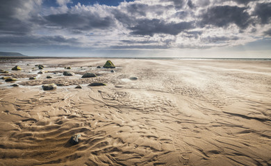 Low Tide Sand Patterns and Rocks On Scenic Coast in North Wales