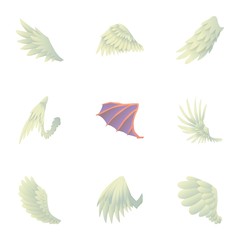 Wings with feathers icons set, cartoon style