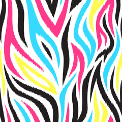 Bright and colorful seamless pattern with stripes. Boho style. Pink, yellow, black and blue stripes. Fashion texture.