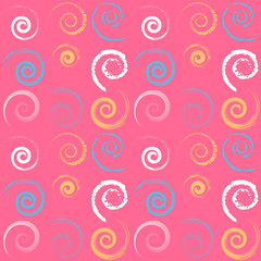 Bright and colorful seamless pattern with spirals. Yellow, white and blue spirals on pink background. Fashion texture.