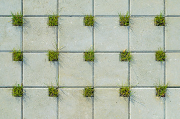 Square Grey Concrete Cobblestones with Holes for Grass Top View. Grey Cobblestone Texture. Landscaping Element Background Concept