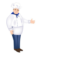 Cute chef smiling. Happy chef in uniform. Pretty chef. Vector illustration to design food, menu, restaurant or cafe.