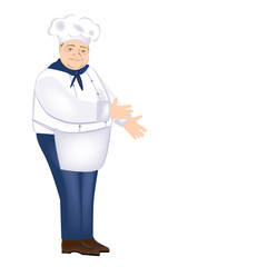 Cute chef smiling. Happy chef in uniform. Pretty chef. Vector illustration to design food, menu, restaurant or cafe.
