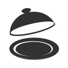 Plate for hot dishes in the restaurant. Vector silver opened cloche on white background. Vector illustration to culinary sites or cookbook, vegetarian menu, kitchen interior design.