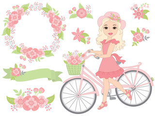 Vector Romantic Set with Beautiful Girl, Bicycle and Pink Flowers
