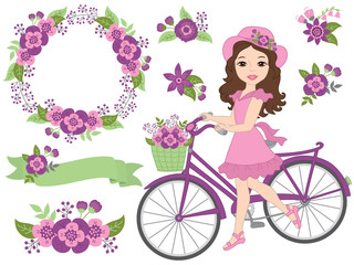 Fototapeta na wymiar Vector Romantic Set with Beautiful Girl, Bicycle and Purple Flowers