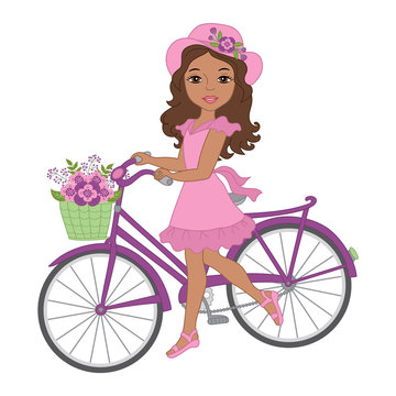 Vector Beautiful African American Girl with Bicycle