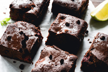 Homemade dark chocolate brownie squares closeup view