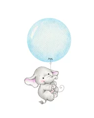 Fototapeten Netter Elefant, der auf einem blauen Ballon fliegt © ciumac