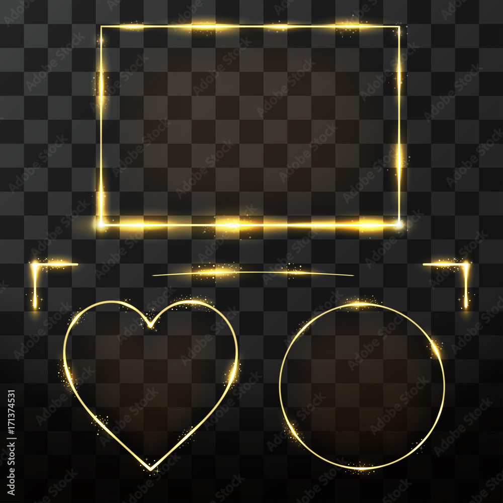 Fototapete Vector golden frame set with glow effect. Neon rectangle, circle and heart frame with glitter effect