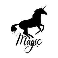 unicorn silhouette with text. Inspirational illustration design for print, banner, poster. Magic phrase on unicorn.