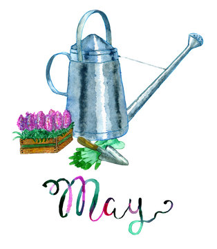 watercolor watering can, flowers, gardening tools clip art preview