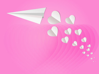 white paper hearts and paper airplane on pink background. Vector illustration.