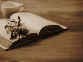 Open old book page and flower on wood table background, soft focus and copy space with vintage color tone process