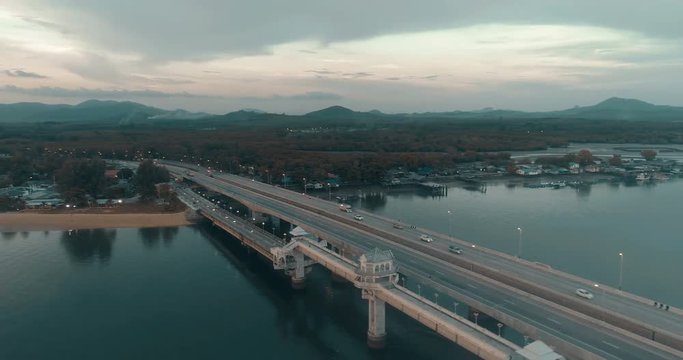 Aerial drone view of beautiful sea and Sarasin bridge in Phuket, Thailand