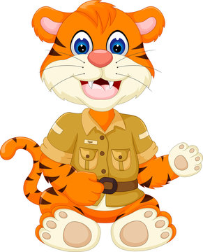 cute baby tiger cartoon waving hand with smiling