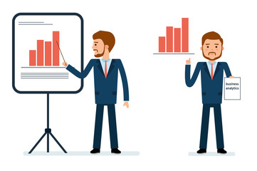 Ready to use character creation set. Businessman points to chart. Business, office work, workplace. Flat design vector illustration.