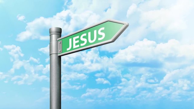 Stop motion of a green street sign shape an arrow with Jesus text under clear sky