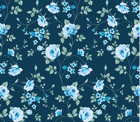 Fototapeta na wymiar Seamless pattern with vintage blue roses on blue background.