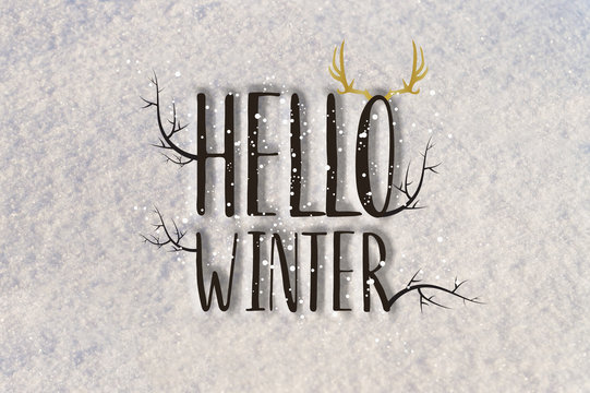 Decorated and funny text hello winter on snow background