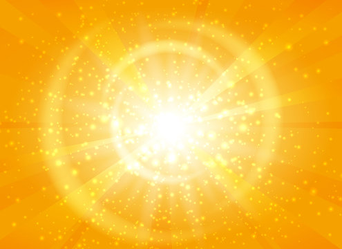 Yellow starburst background with sparkles. Shiny sun rays vector illustration with bokeh lights
