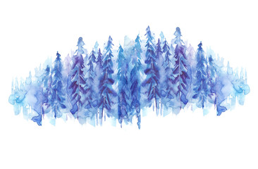 Watercolor group of trees - fir, pine, cedar, fir-tree. Blue, winter forest, landscape, forest landscape. Drawing on white isolated background.