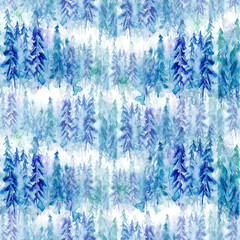     Seamless watercolor pattern, background. Blue spruce, pine, cedar, larch, abstract forest, silhouette of trees. 