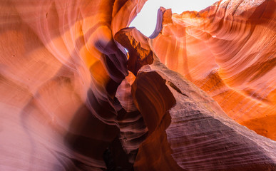 Beautiful, abstract, red rock shapes in Antelope Canyon, on a bright sunny day in summer
