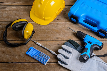 Drill and set of drill,tools,carpenter and safety, Protection Equipment