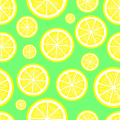 Seamless pattern with slice lemon on green background