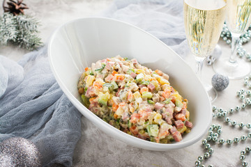 Traditional russian Olivier salad. New Year's food