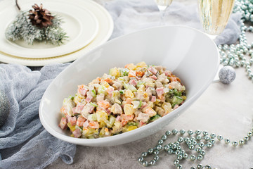 Traditional russian Olivier salad. New Year's food