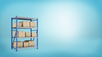 3d rendering of a metal storage rack with three shelves full of closed carton boxes with goods.