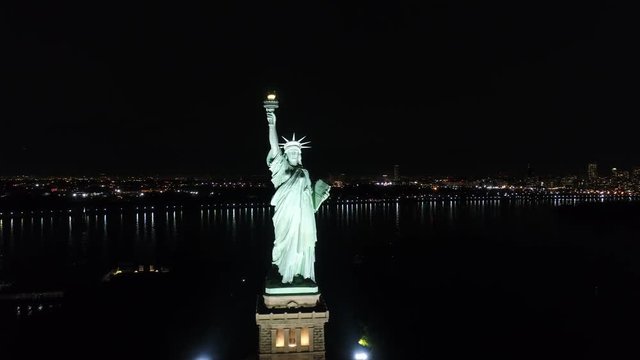 Aerial View of Statue of Liberty New York City at Night