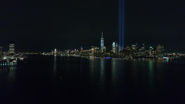 Aerial View of New York City Skyline 9/11 Memorial at Night