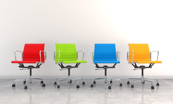 3d render of business lounge with four colorful chairs