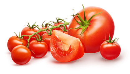 Red tomato, half, small cherry and branch with green leaves