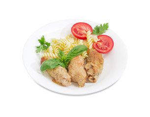 Meat roulades with filling, spiral pasta and tomato