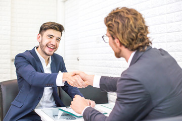 Man with agreement for working. Businessman handshake with Woman with Project. People with Agreement concept.