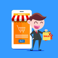 Businessman holding shopping bag. online shop concept illustration.