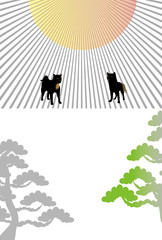 Obraz na płótnie Canvas シンプルな戌年の犬と日の出と松の木のデザインカード縦型