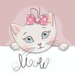 Greeting card with illustration of cute kitten. Hand drawing. 