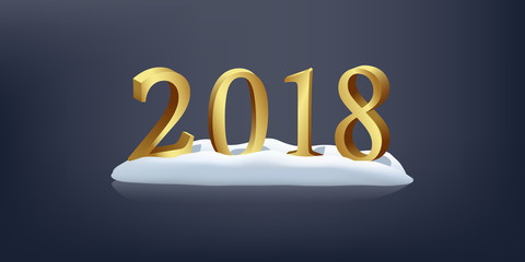 2018 on snow New Year design element. Vector three-dimensional golden sign on blue background.