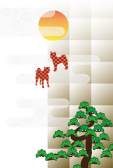 犬と松の木と日の出のグリーティングカード年賀状素材