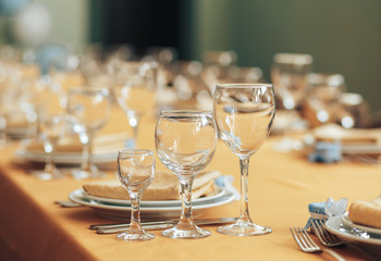 beautiful table setting in a restaurant. Dishesforks and glasses
